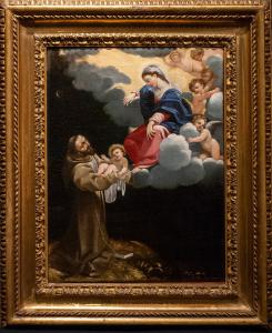 Francesco Brizio (Bologna, 1574 - 1623), Der Heilige Franziskus von Assisi empfängt das Jesuskind von der Madonna, Öl auf Leinwand
